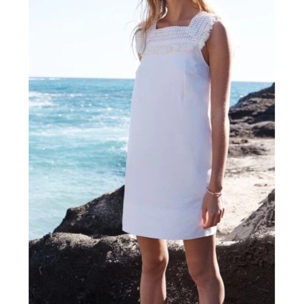 Madewell Size 6 White Sundream Crochet Sleeveless Fringe Shift Dress